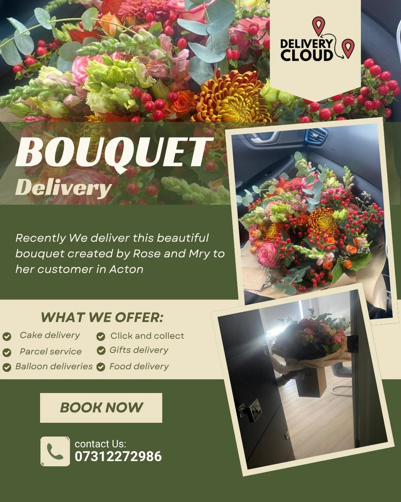 Bringing beautiful moments to life! 💐 Recently, we had the absolute pleasure of delivering this stunning arrangement created by Rose and Mry to a lovely customer in Acton. From our wheels to your doorstep, we handle every delivery with care. Tap the
