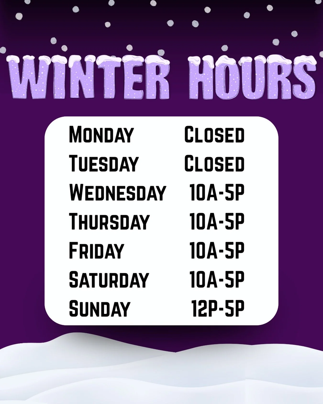 Heads up! Our winter hours are officially in effect. Make sure to check the new schedule before you head our way. Stay warm! ❄️🥃