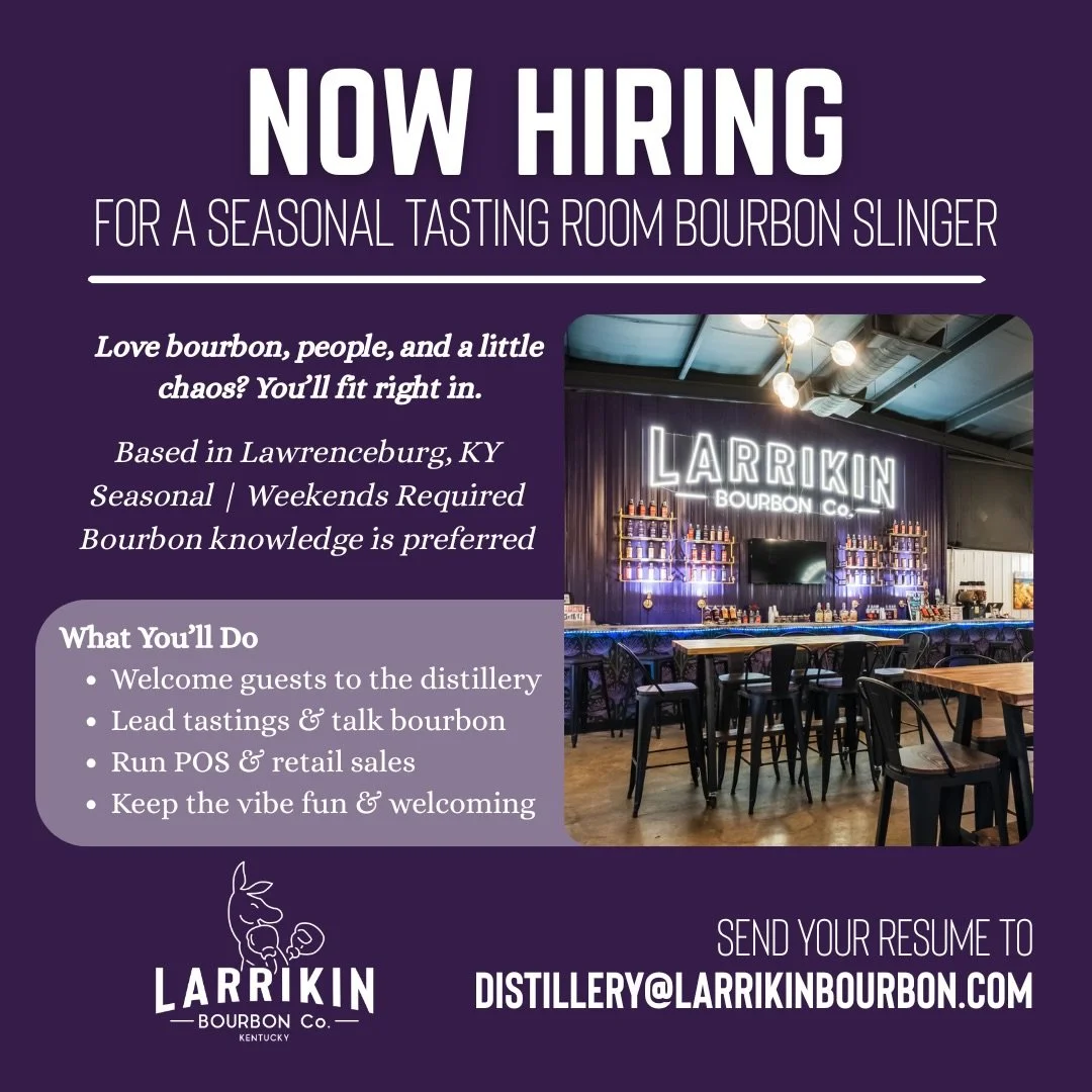 The Larrikin crew is growing! 🦘

We&rsquo;re looking for Seasonal Tasting Room Bourbon Slingers to help host tastings, welcome guests, and keep the good times rolling at the distillery during busy season.

📍 Lawrenceburg, Ky
🗓️ Weekends required 
