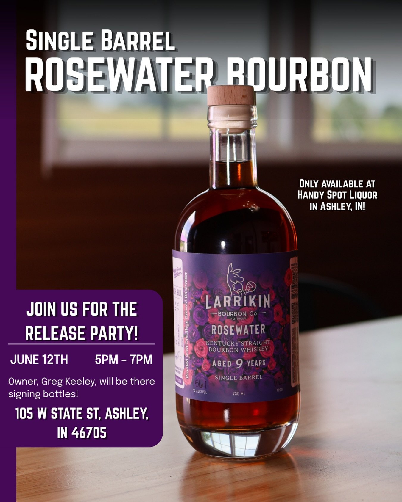 Join us June 12th for the release of our Single Barrel Rosewater Bourbon at @handyspotliquorashley 

Meet Greg Keeley, get your bottle signed, and grab this exclusive Handy Spot Liquor release. 🥃
