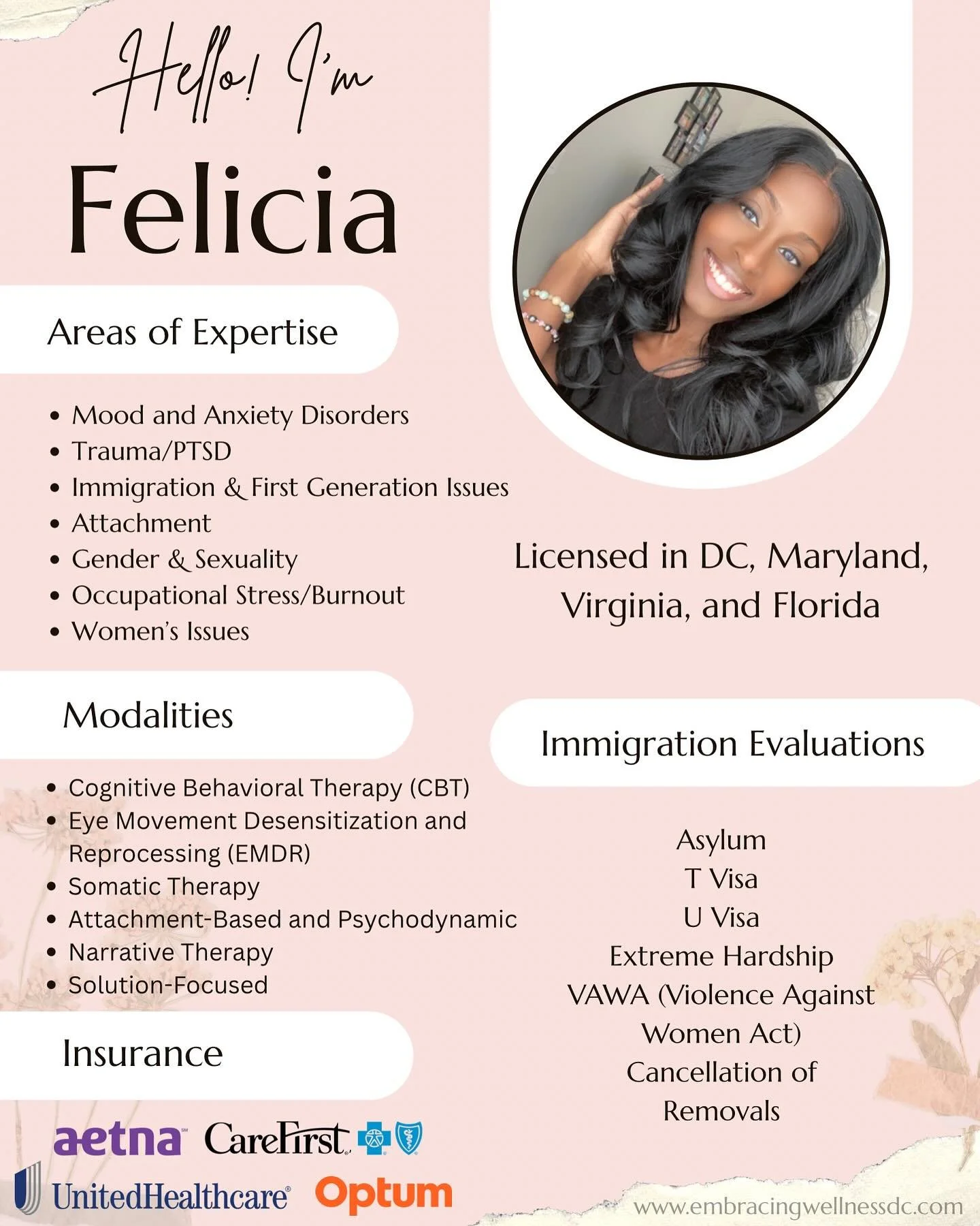 Hello and welcome to everyone new to this space 💐 I&rsquo;m Felicia, Founder and Clinical Therapist at Embracing Wellness. Through my practice, I support individuals navigating mood and anxiety disorders, trauma, immigration and first-generation cha