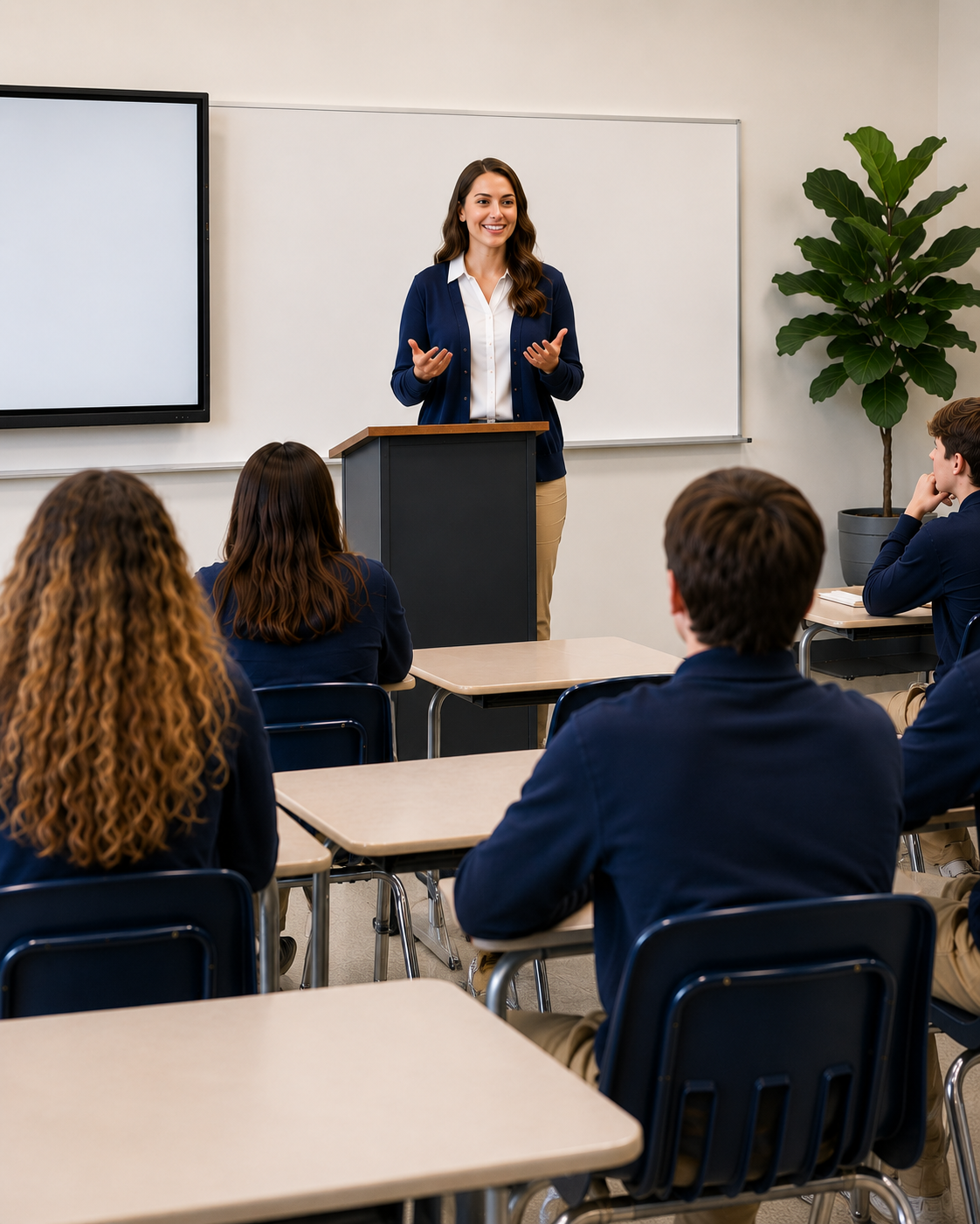 Christian school teacher teaching a classroom of students
