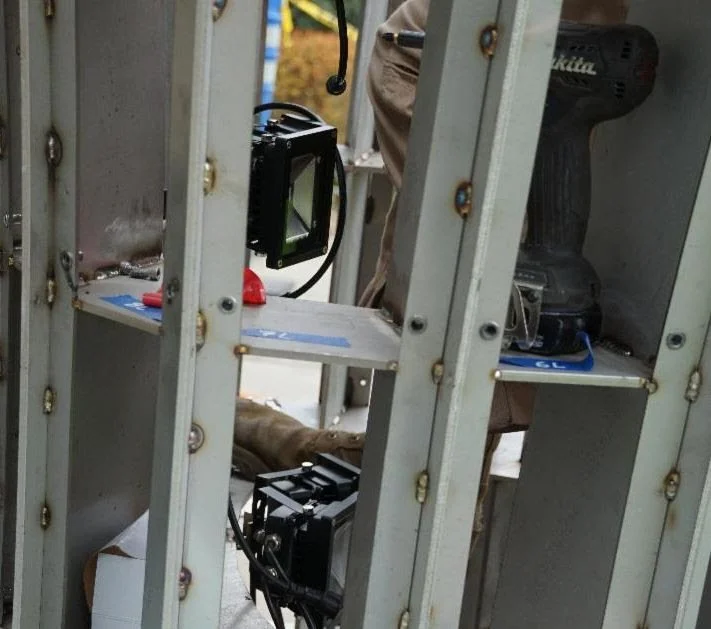 LED lights within the structure provide a colorful lightscape in the evening and on cloudy winter days.