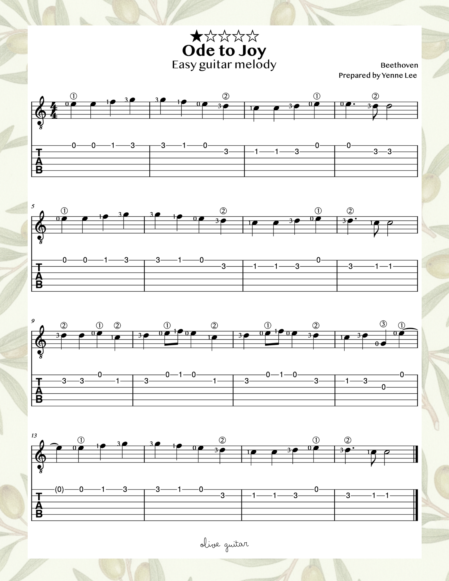 Ode to Joy Easy Guitar Melody Free Sheet Music (Staff and TAB)