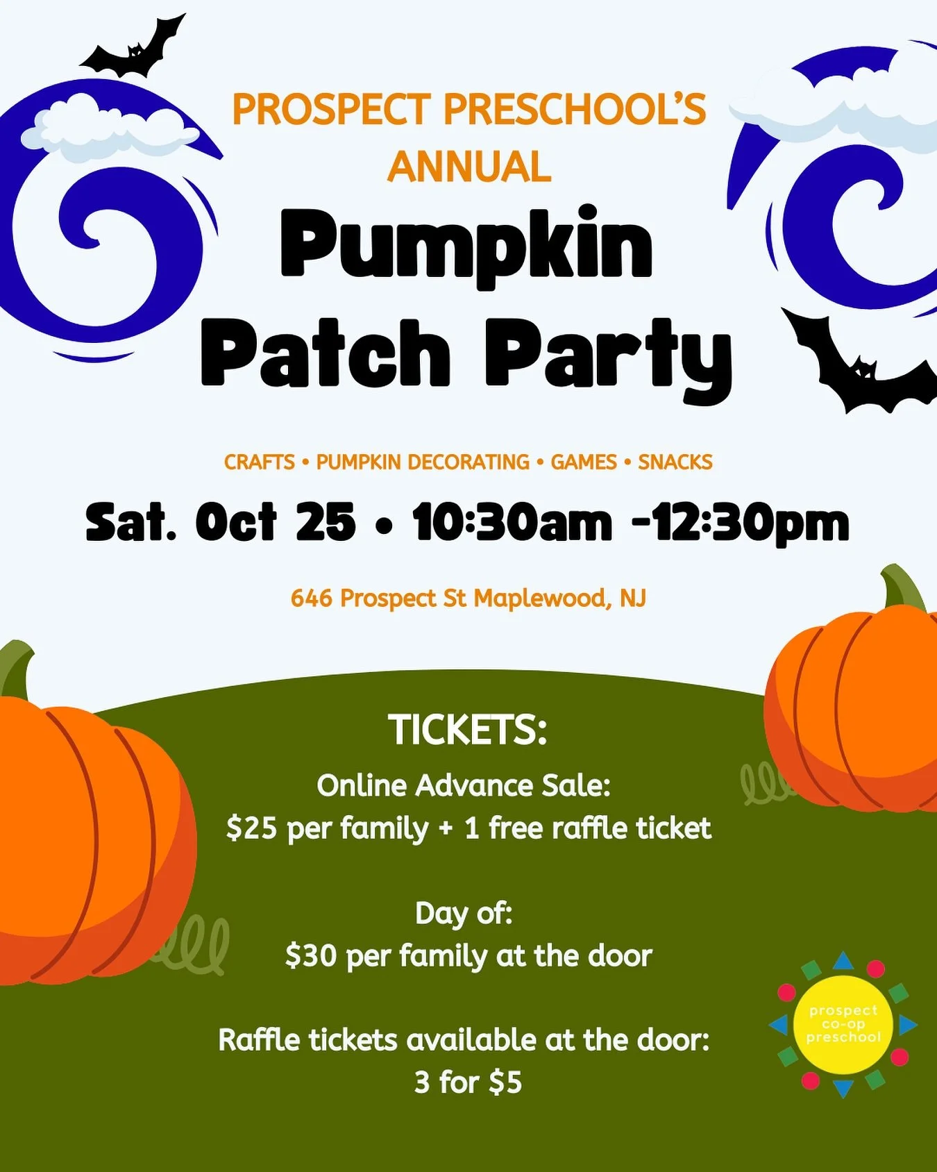 Join us for our Annual Pumpkin Patch Party! 

🎃 This event is fun for the whole family and is open to the community! Come for crafts, pumpkin decorating, games, snacks and more!

🎃 Saturday, Oct 25 | 10:30am - 12:30pm

🎃 Admission $25 per family w