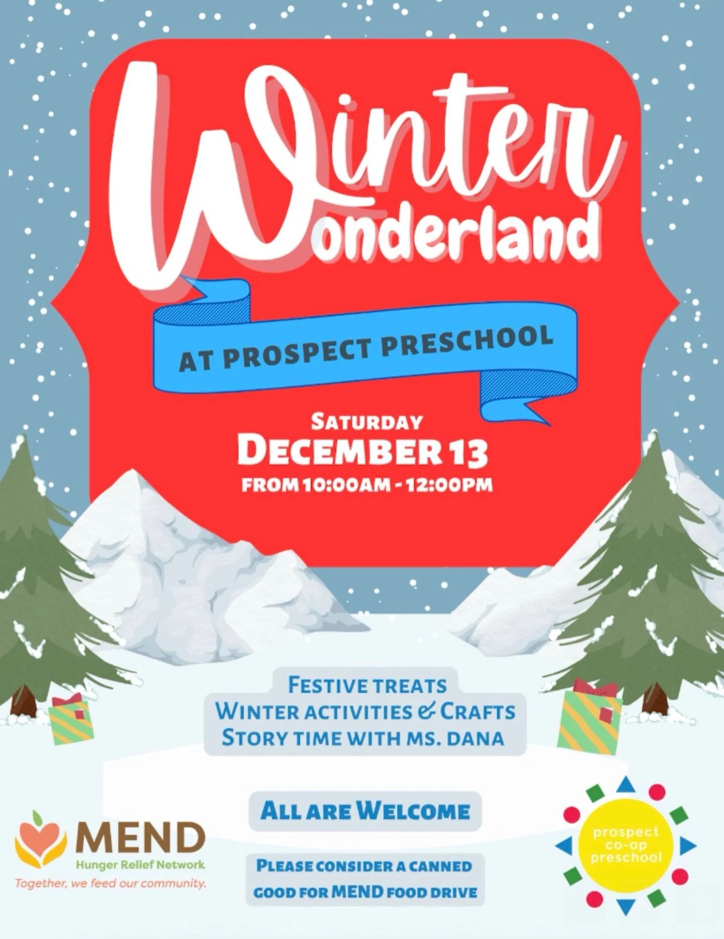 Come on by for a Winter Wonderland Party!

❄️ Saturday, 12/13
❄️ 10am - 12:00pm
❄️ Festive treats, winter activities &amp; crafts &amp; story time with Ms. Dana 

Any and all families and children are welcome! ☃️☃️

We will also be collecting canned 
