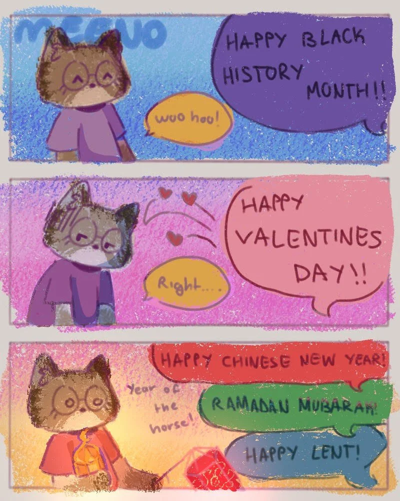 A comic of a cat thats overwhelmed by all of the holidays right now.