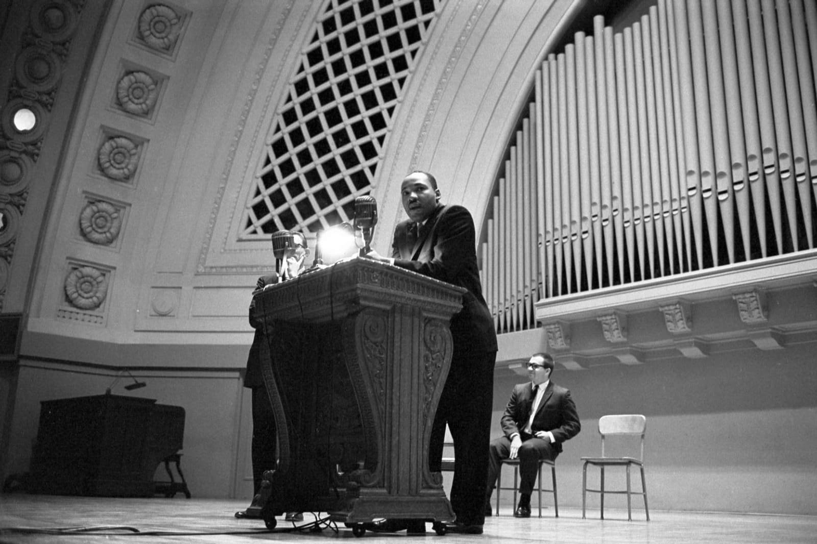 Martin Luther King Jr. speaks at Hill Auditorium on Nov. 5, 1962. Courtesy of the U-M Bentley Historical Society