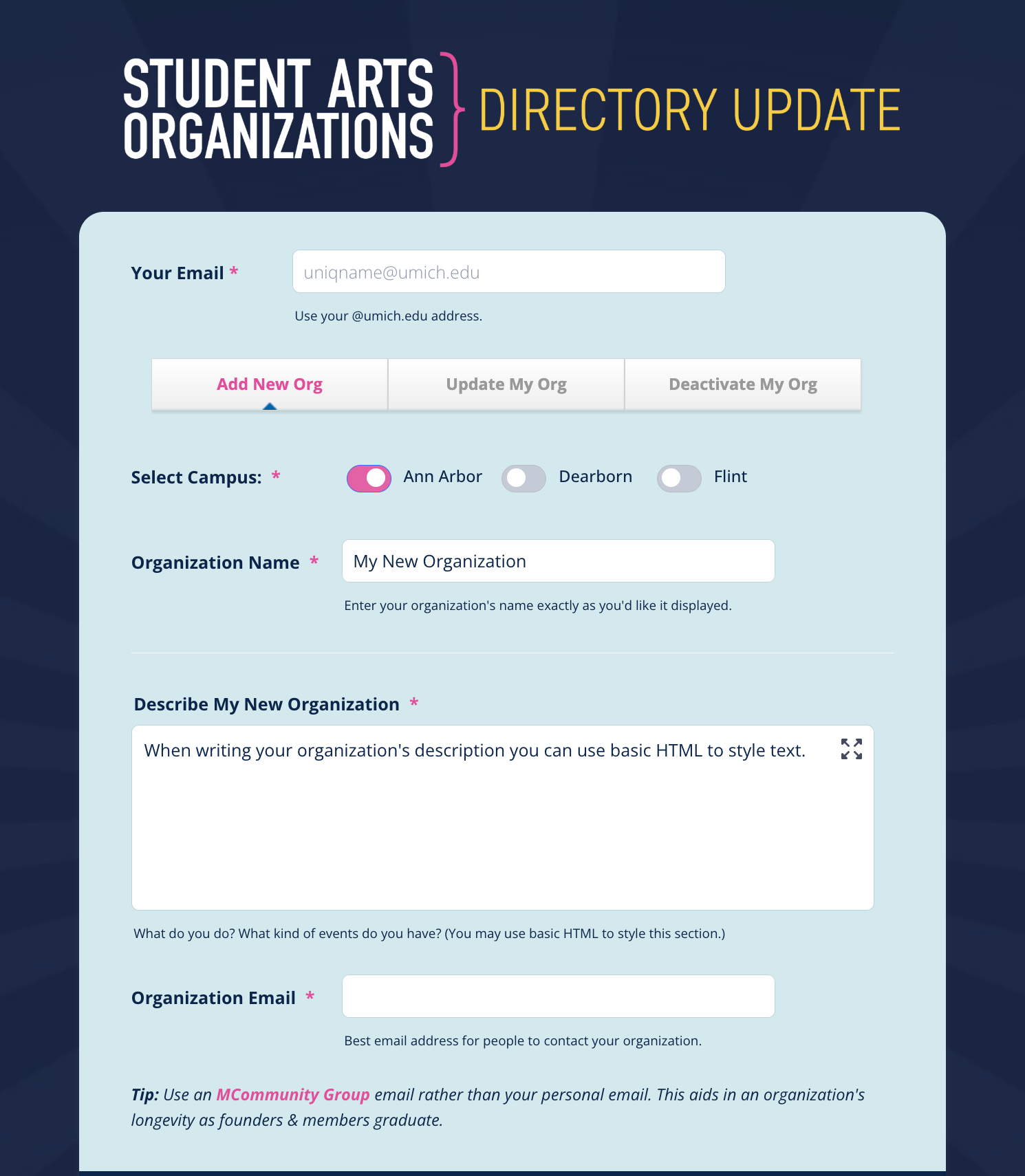 screenshot of update form