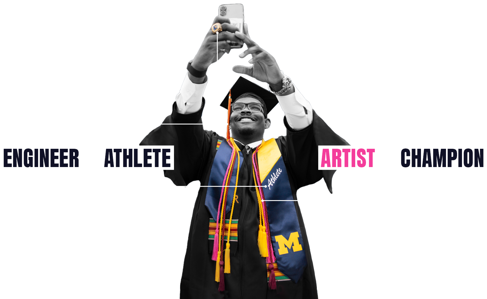 A 2025 graduate of the University of Michigan with honors cords representing engineering, athletics, and the arts, as well as a rose bowl ring.