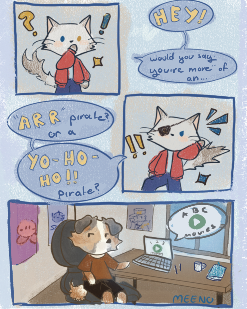 A cat and a dog comic making a joke about pirating media vs actual pirates