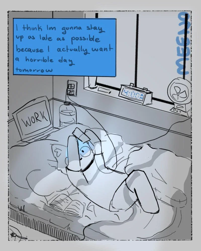 An illustration of a cat lazily staying up late at night.