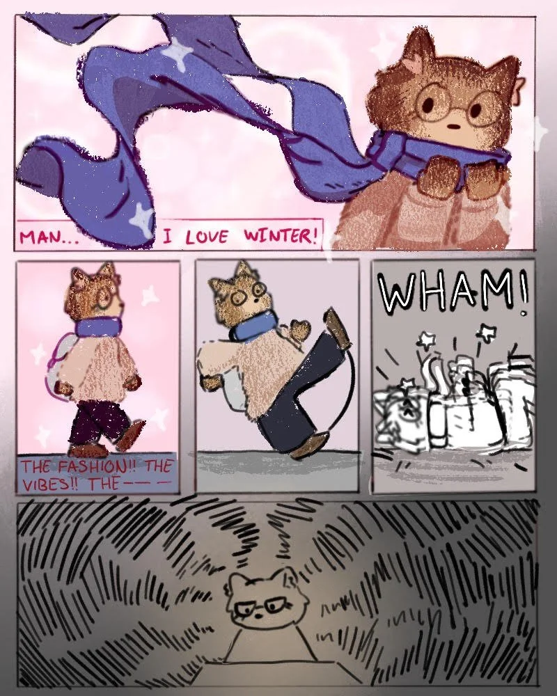 A comic strip about a cat being excited for winter until he slips.