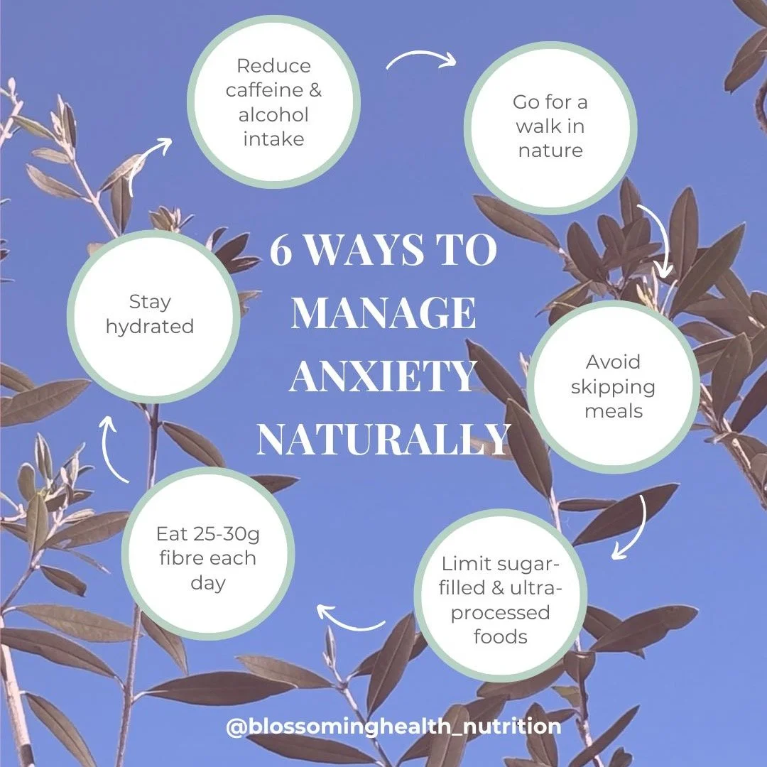 Are you looking for natural ways to help manage anxiety?
Here are 6 nutrition &amp; lifestyle tips to support you:

1️⃣ Get out in nature &amp; move your body &ndash; whether it&rsquo;s a walk, yoga or a jog, gentle movement in nature is proven to he