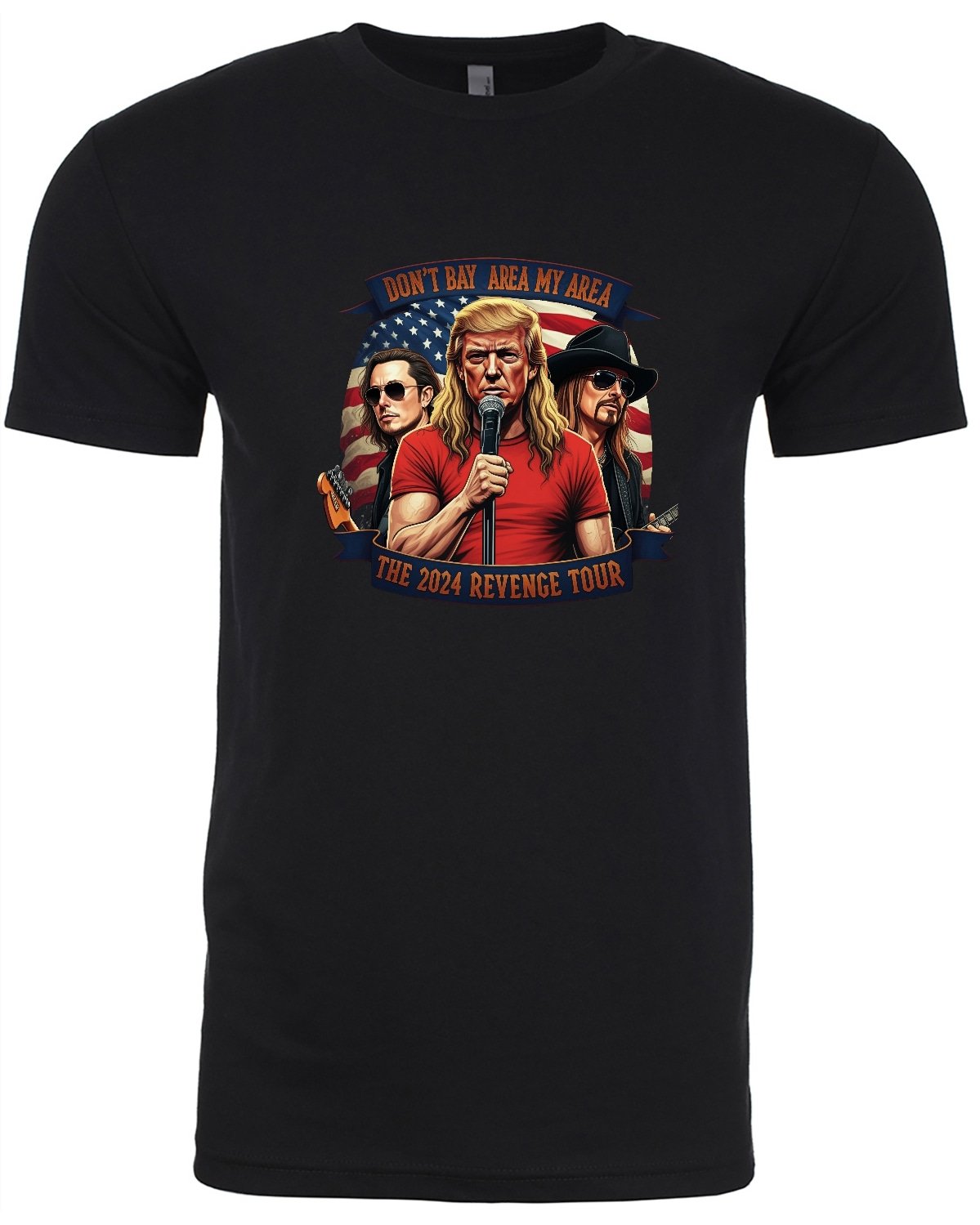 Graphic T-shirt featuring Elon Musk, Donald Trump, and Kid Rock for the 2024 Revenge Tour