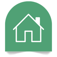 Outline of a house with a pitched roof and chimney inside a green circle.