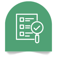 Checklist with a magnifying glass and checkmark icon.