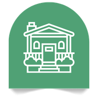 Outline of a house with a chimney, door, and windows in front of bushes, all within a green circular background.