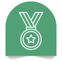 A medal with a star in the center and ribbon hanging behind it, set against a green background.