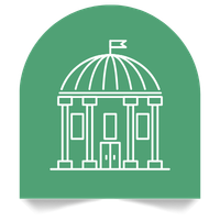Line drawing of a domed building with a flag on top, centered on a green circular background.