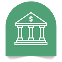 Outline of a bank with four columns and a dollar sign on the roof