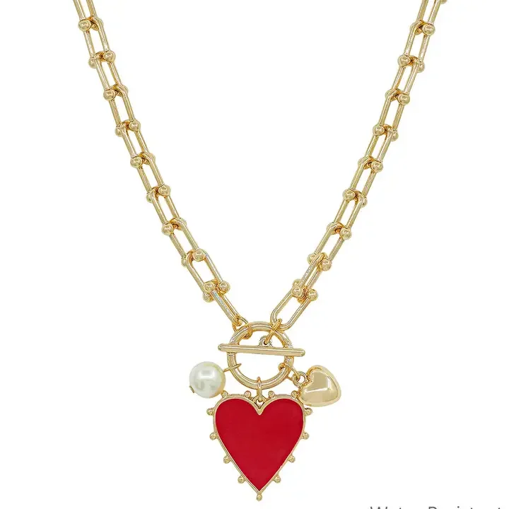 Gold Chain Necklace with Studded Heart Charm 16"-18" (3 colors)