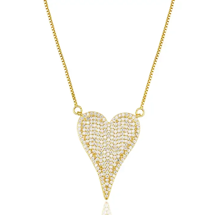 18K Gold Filled Heart Pendant Box Chain Necklace with Clear Micro Cz Stones (Gold & Silver)