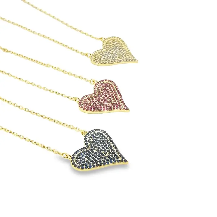 18K Gold Filled Heart Pendant Box Chain Necklace with Cz Stones (Gold & Silver)