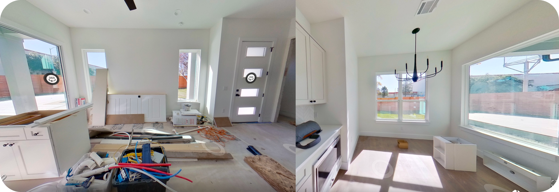 Side-by-side comparison of a residential room under construction on the left and a finished room on the right, featuring white walls, large windows, and modern lighting.
