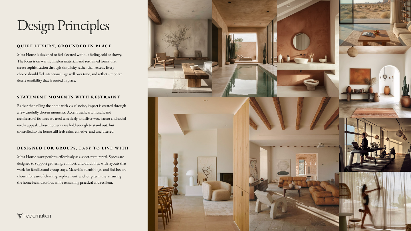 Design principles for a modern, luxurious home, featuring minimalist decor, natural materials like wood and stone, spacious interiors with large windows, indoor pool, fitness area, and cozy seating with earthy tones.