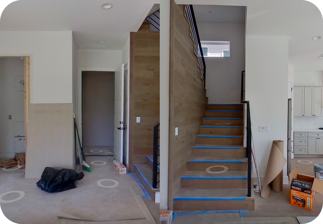 Before photos of a staircase; the left shows the stairs under construction with unfinished walls and construction materials, the right shows the finished staircase with wood steps, black railings, and wall paneling, inside a home under renovation.