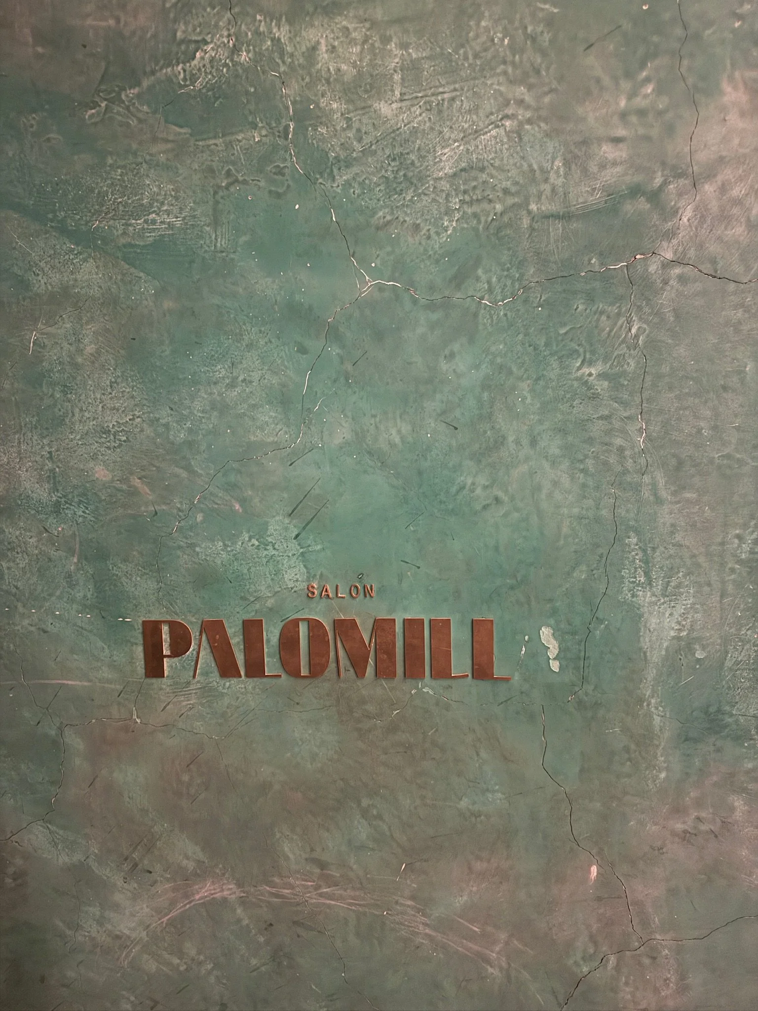 A green marbled wall with cracks and chipped paint, featuring the words 'Salon Palmill' in copper-colored letters, with 'Salon' positioned above 'Palmill'.