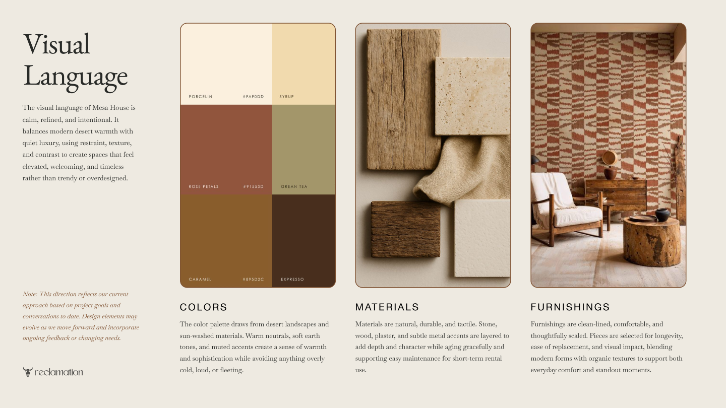 Design board featuring color palette, materials, and furnishings for a rustic interior. The color palette includes beige, brown, and green shades named Porcelain, Syrup, Rose Petals, Green Tea, Caramel, and Expresso. Materials shown are wood, stone, plaster, and fabric. The furnishings display a cozy living room with a patterned wall, wooden furniture, and neutral tones.