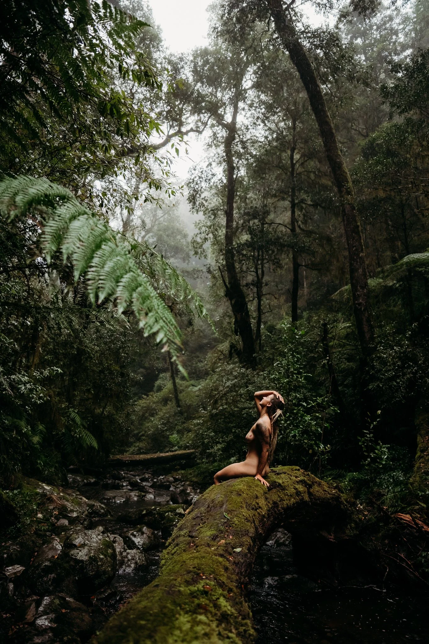 A woman with long hair, sitting nude on a moss-covered fallen tree in a dense, foggy forest surrounded by green trees and ferns.