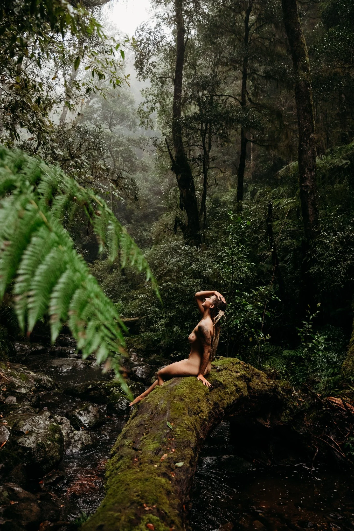 A nude woman with long blonde hair sitting on a moss-covered log in a lush, misty forest near a small stream.