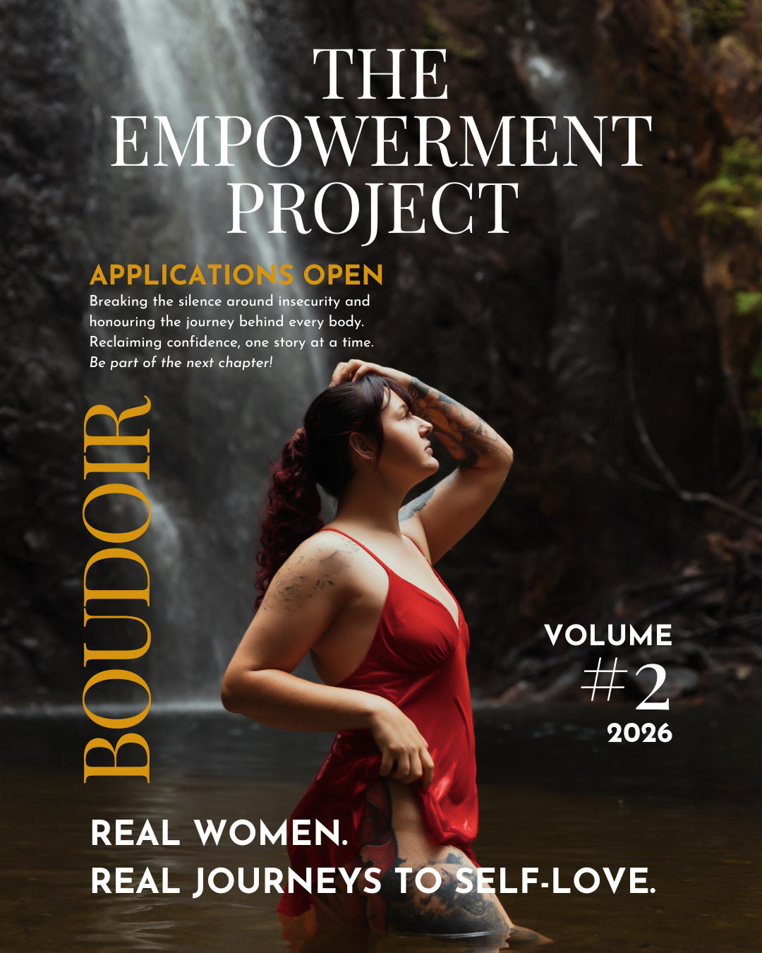 A woman in a red dress standing in a river with a waterfall in the background, with the text 'The Empowerment Project', 'Applications Open', and other promotional details visible.