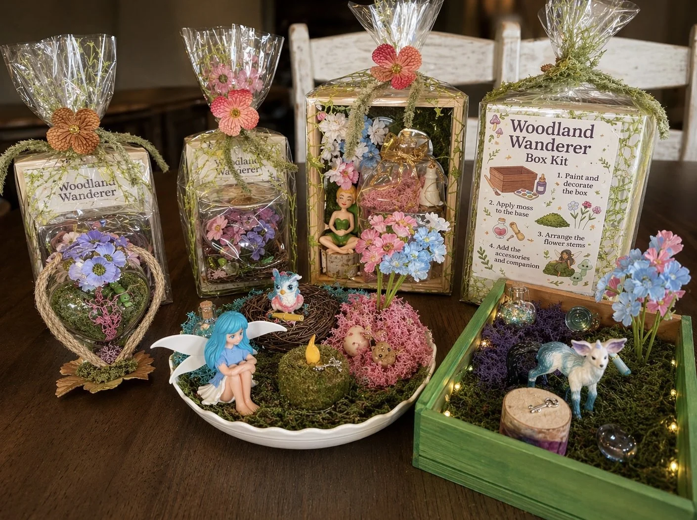 TulleY Crafty fairy garden kits and finished miniature gardens with flowers, moss, and fairy figures.