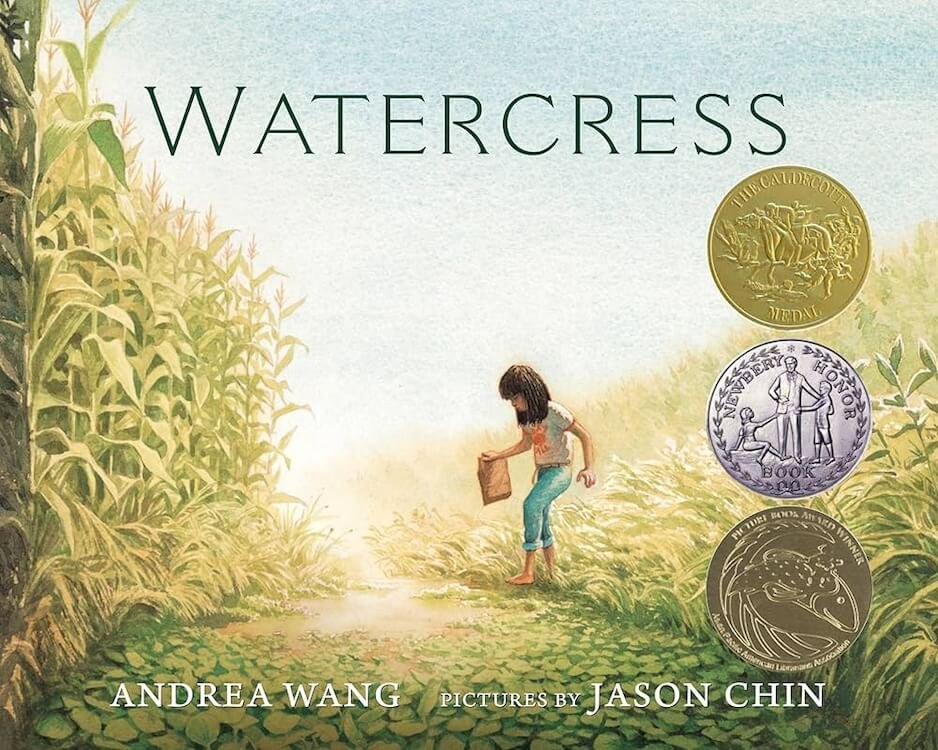 Cover of Watercress by Andrea Wang and Jason Chin. Watercolor scene of a girl with dark hair crossing a stream.