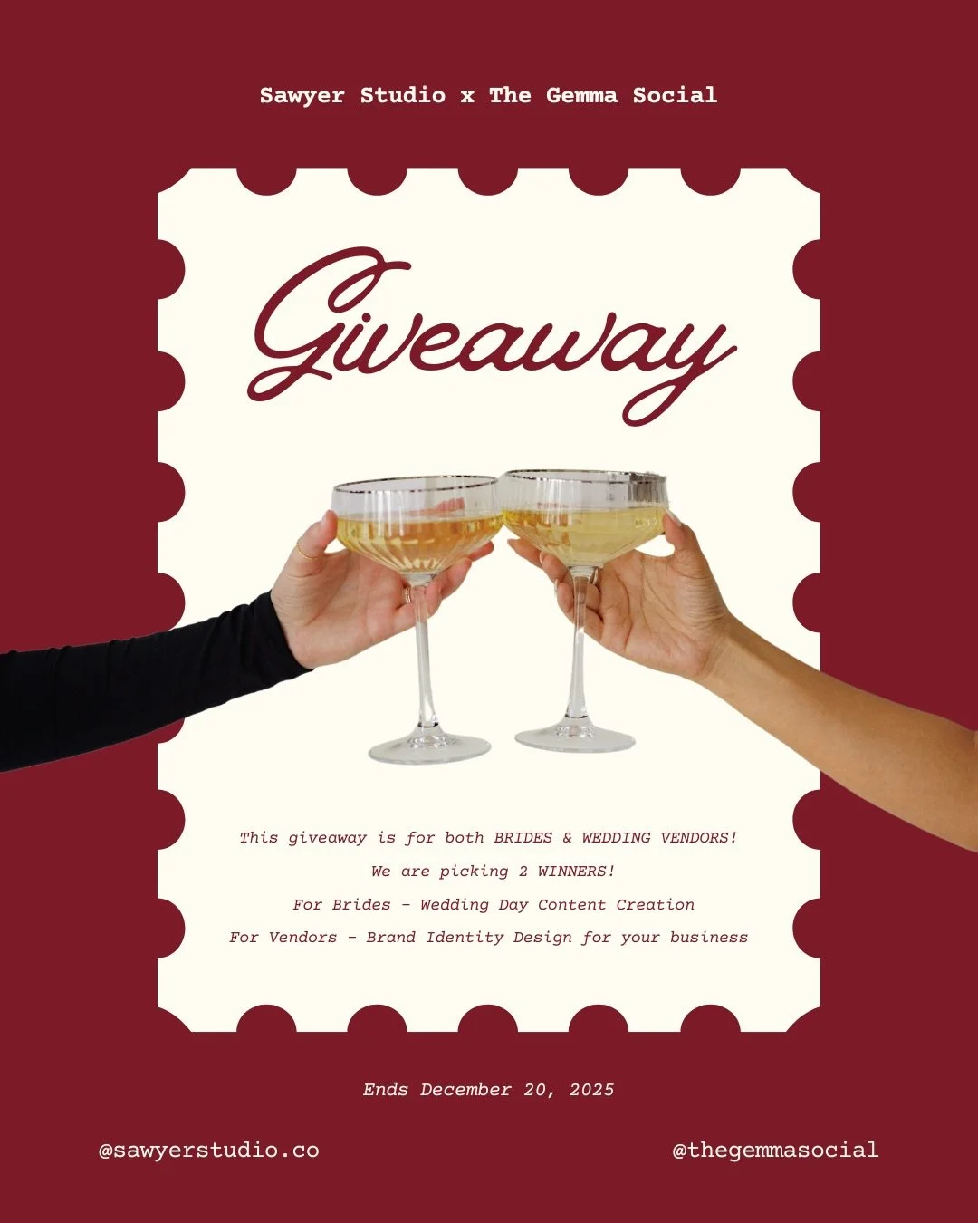 To show our appreciation for your incredible support, we're excited to announce a holiday giveaway like no other! This is the ultimate giveaway for both brides AND wedding vendors. We are picking 2 WINNERS! 

For the Bride - 8 hour Wedding Content Cr