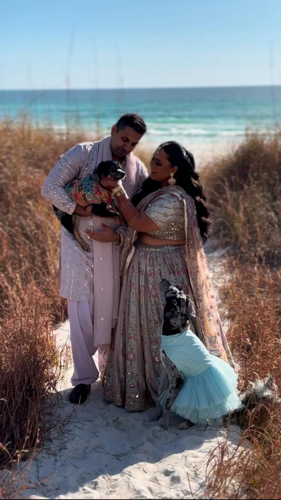A family of four with two dogs on a beach, dressed in traditional Indian clothing, with the ocean and sandy dunes in the background.