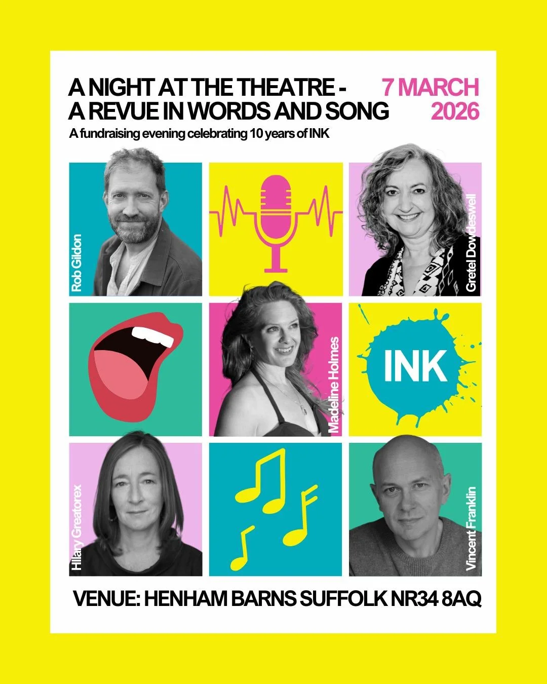 A fundraising evening celebrating 10 YEARS of INK! Featuring performances by @vincentfranklin, @hilarygreatorex, @robgildon, Madeleine Holmes and @gretel.d1911.

Tickets available - #LinkInBio

Event Details
Location @henham_park 
Doors Open at 7:00P