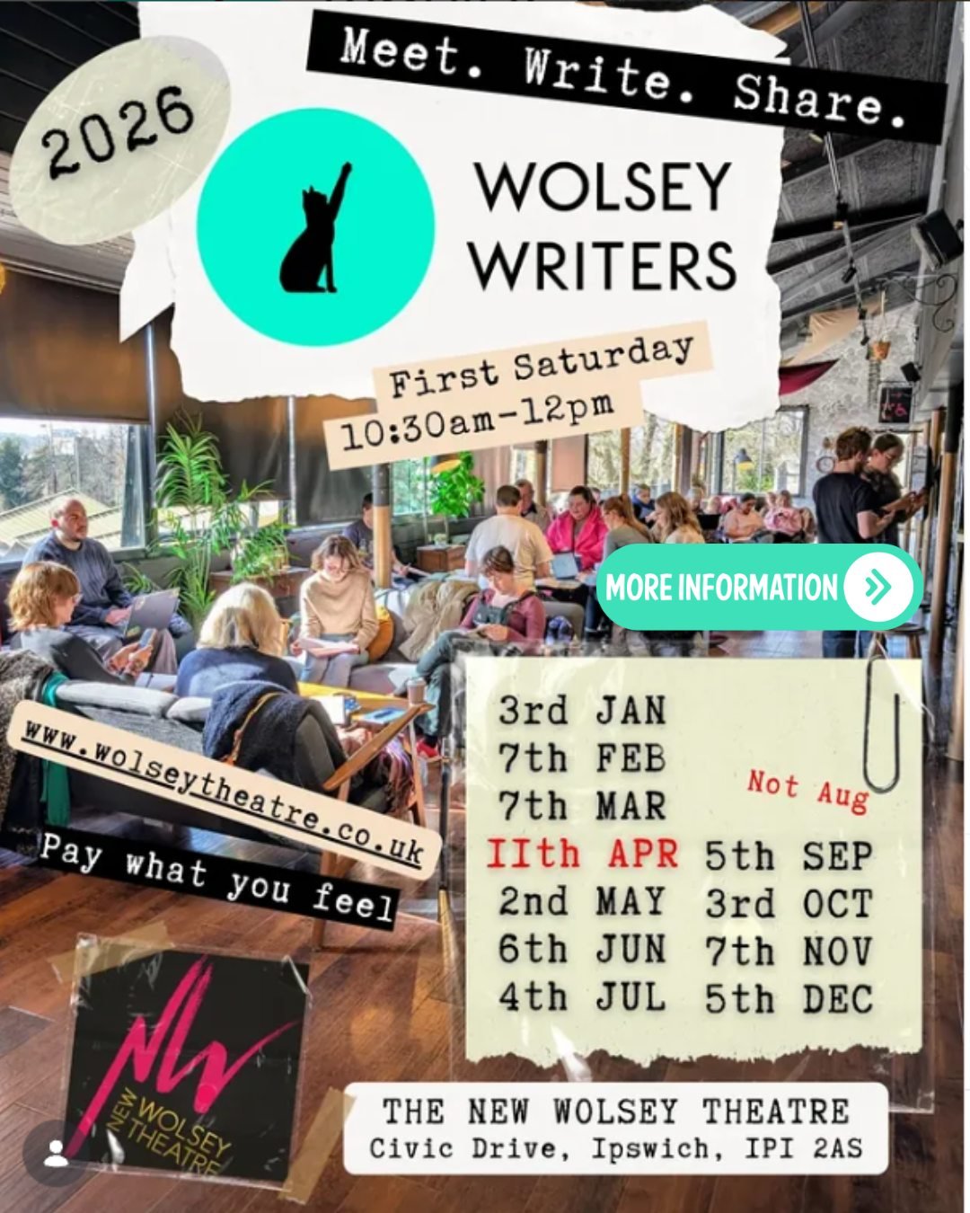Meet. Write. Share. 
Join Wolsey Writers at @newwolsey Theatre, a creative community for all genres, led by award-winning author Katie Ward.

Writing time + tips + peer support
First Saturday of the month (April 11th, no August)
10:30am&ndash;12pm | 