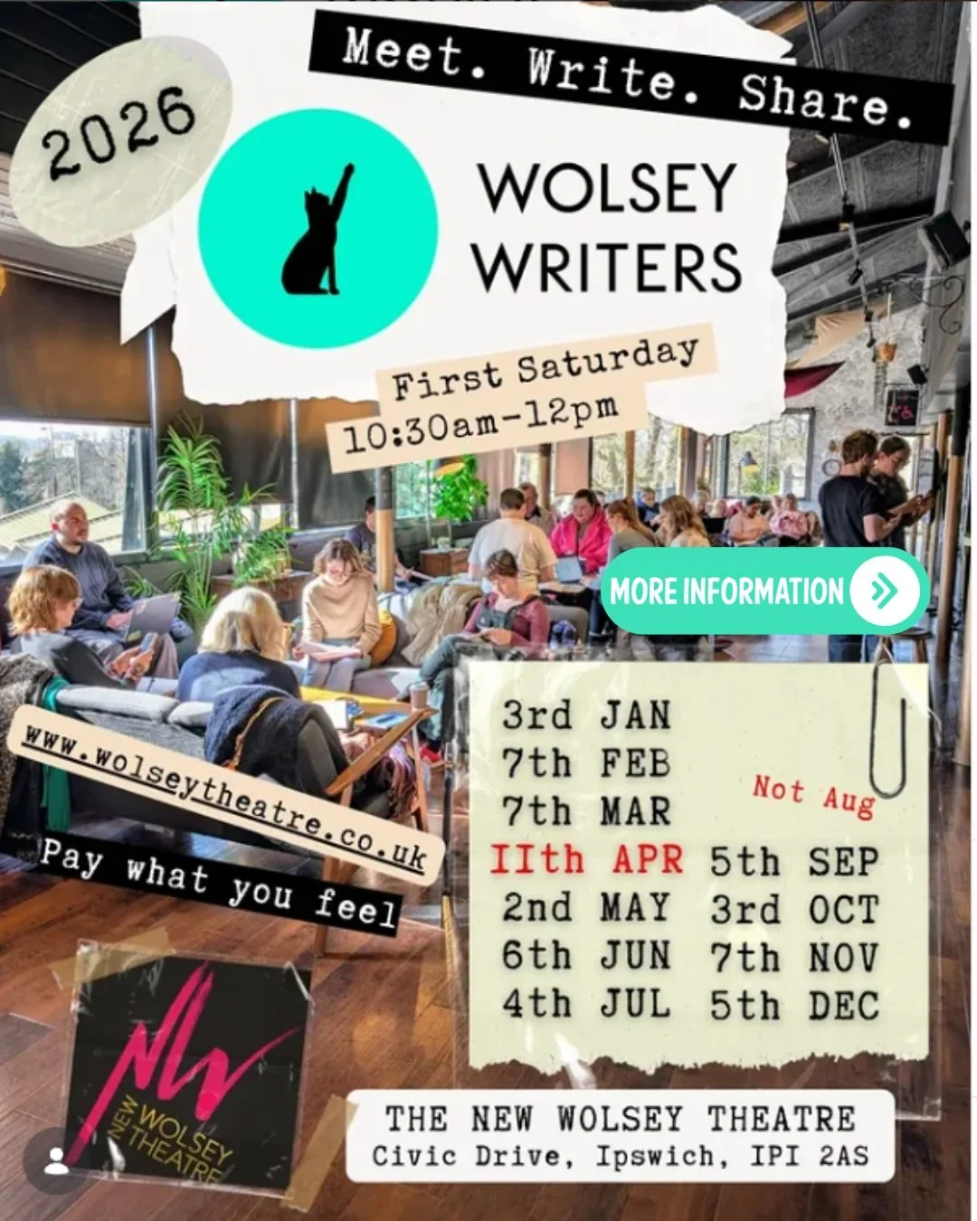Meet. Write. Share. 
Join Wolsey Writers at @newwolsey Theatre, a creative community for all genres, led by award-winning author Katie Ward.

Writing time + tips + peer support
First Saturday of the month (April 11th, no August)
10:30am&ndash;12pm | 