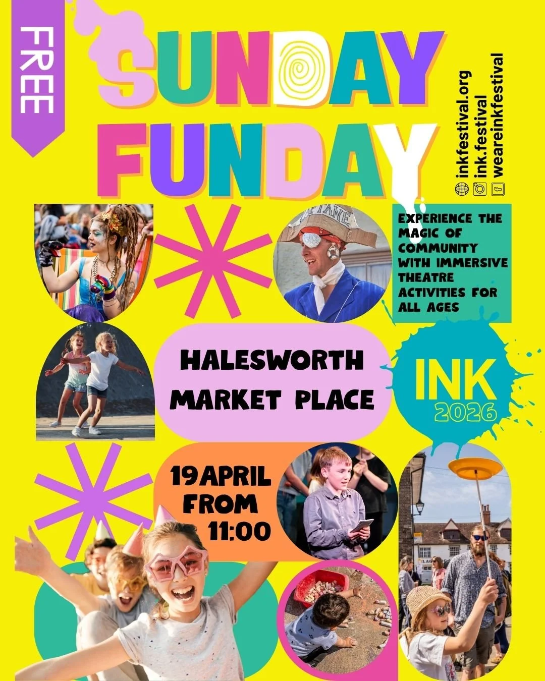 Join us for Sunday Funday at the INK Festival 2026 it's FREE!

Bring the whole family to the Marketplace in beautiful Halesworth for a day packed with creativity, laughter and community. Experience the magic of immersive theatre and enjoy activities 