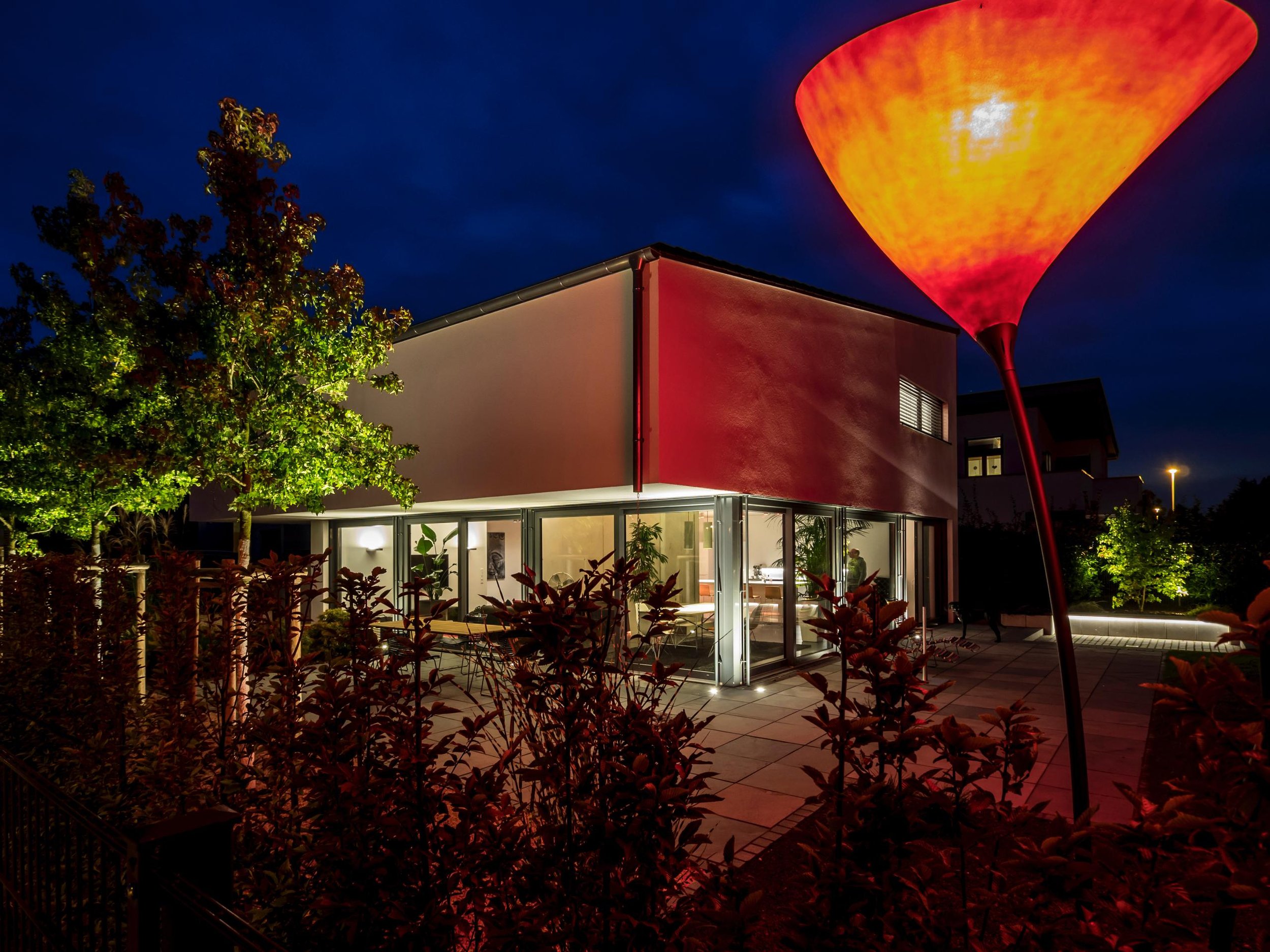 Rote Lichttulpen als Blickfang bei Tag und Nacht.