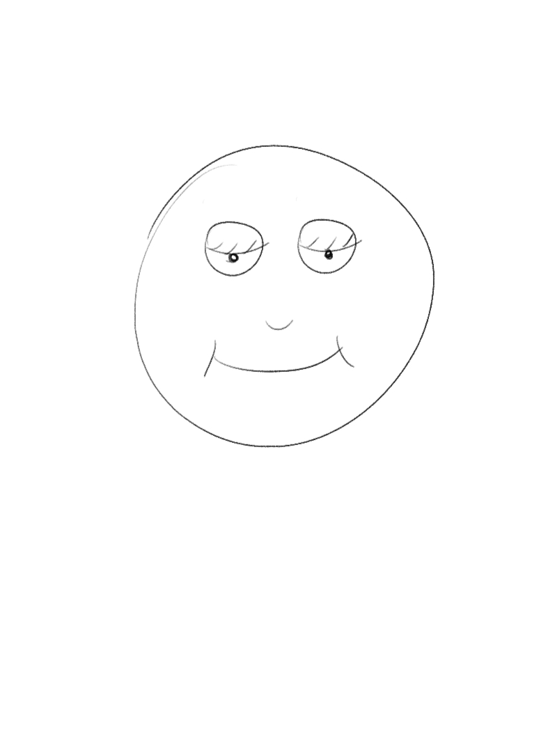 Ein simple Strichzeichnung eines lachenden Gesichts mit offenen, halb geschlossenen Augen und einem kleinen Mund.