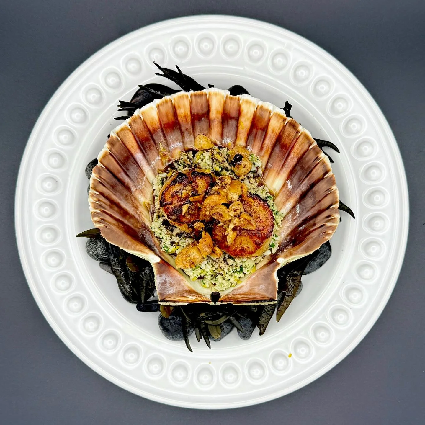 Scallops, cauliflower couscous and brown butter with hazelnuts.