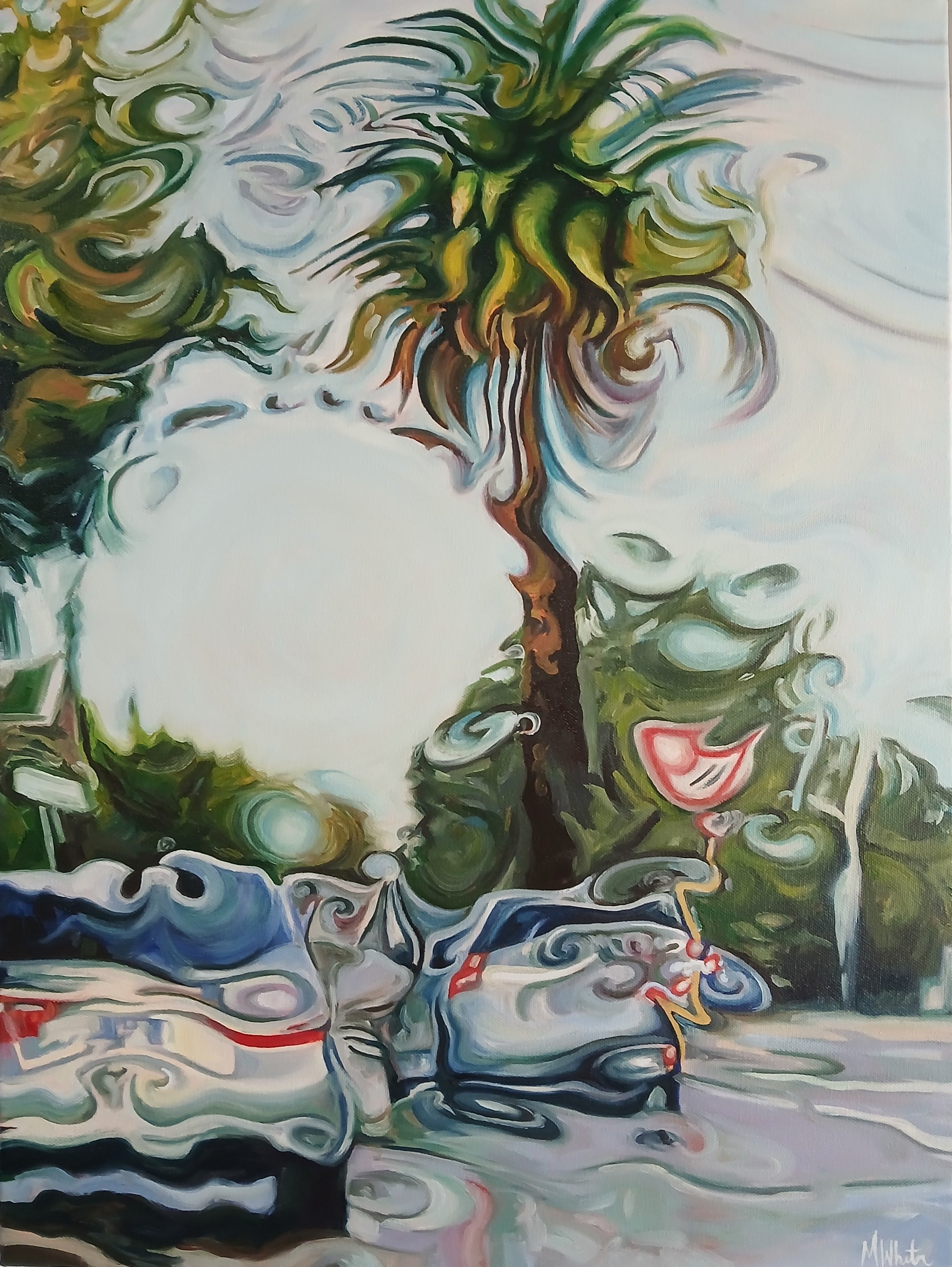 An abstract painting of a tree with swirling green, yellow, and brown leaves extending from a dark brown trunk, with colorful reflections in swirling water below.