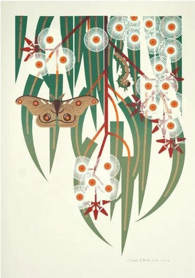 Illustration of a butterfly perched on a branch with white dandelion seed heads and red flowers, with green leaves in the background.