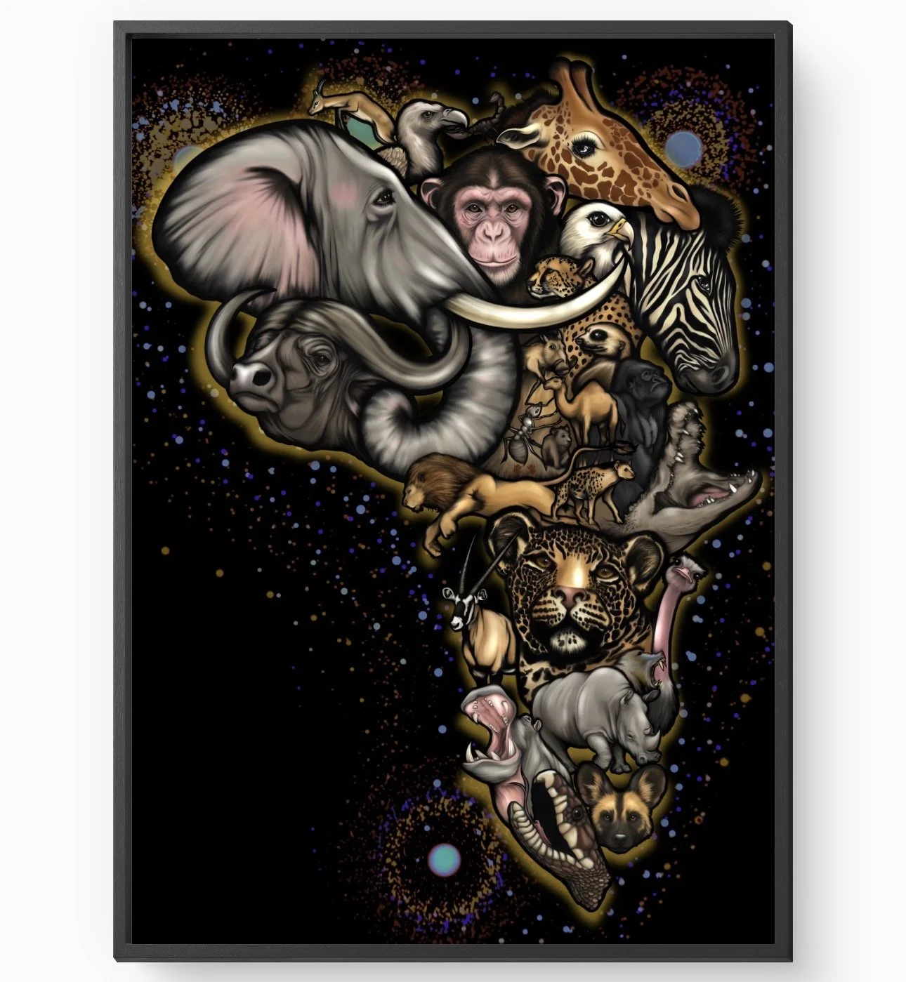 A digital artwork featuring a collage of various wild animal faces, arranged in a downward spiral, including an elephant, chimpanzee, giraffe, zebra, lion, tiger, hyena, wolf, vulture, and others, set against a black background with colorful star-like splatters.